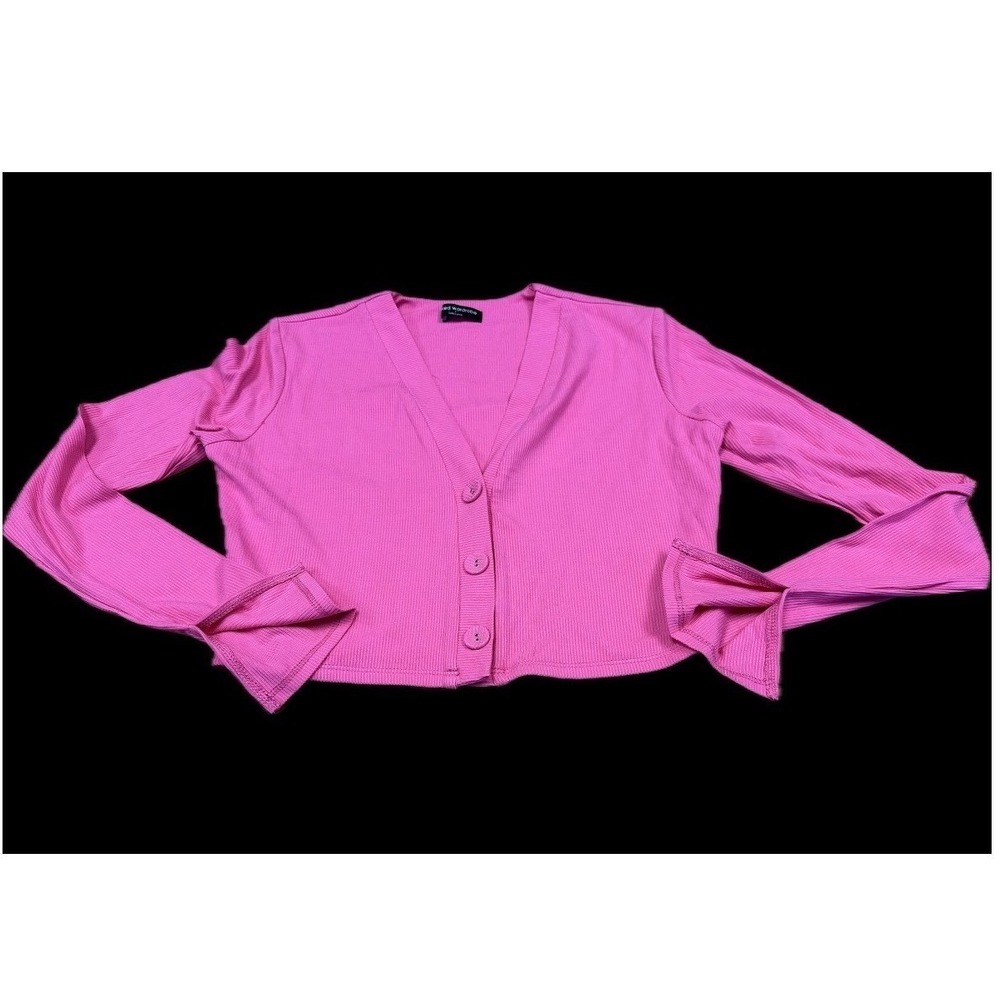Naked Wardrobe Hot Pink Ribbed Cropped Cardigan V-Neck Split Cuff Size L